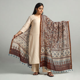 Brown - Block Printed Chanderi Silk Handloom Ajrakh Dupatta 13
