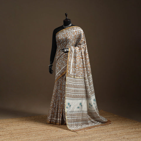 Brown - printed chanderi silk sanganeri saree - handcrafted