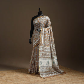 Brown - printed chanderi silk sanganeri saree - handcrafted