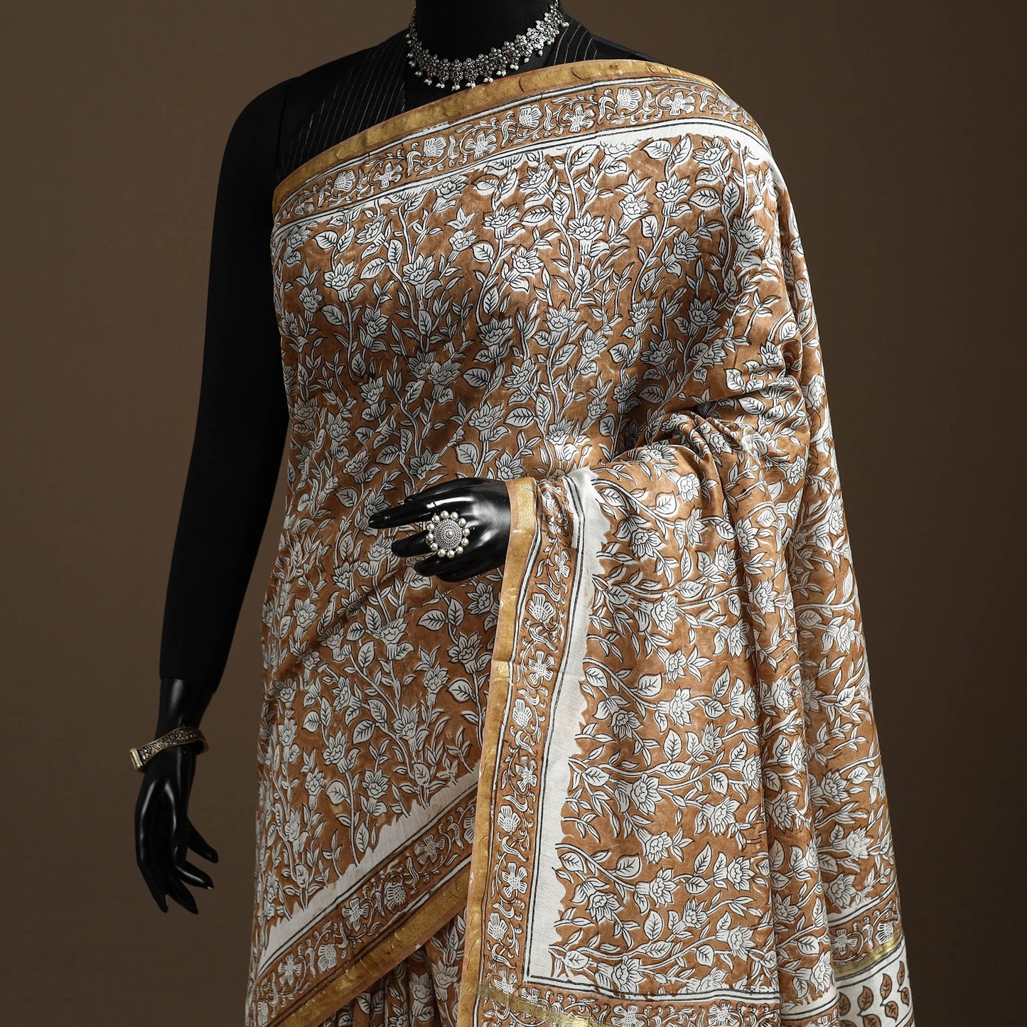 Brown - printed chanderi silk sanganeri saree - handcrafted