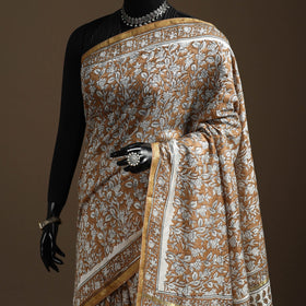 Brown - printed chanderi silk sanganeri saree - handcrafted