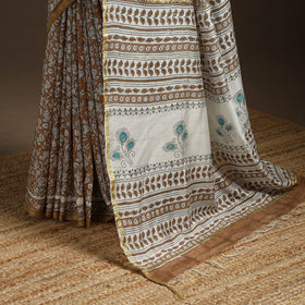 Brown - printed chanderi silk sanganeri saree - handcrafted