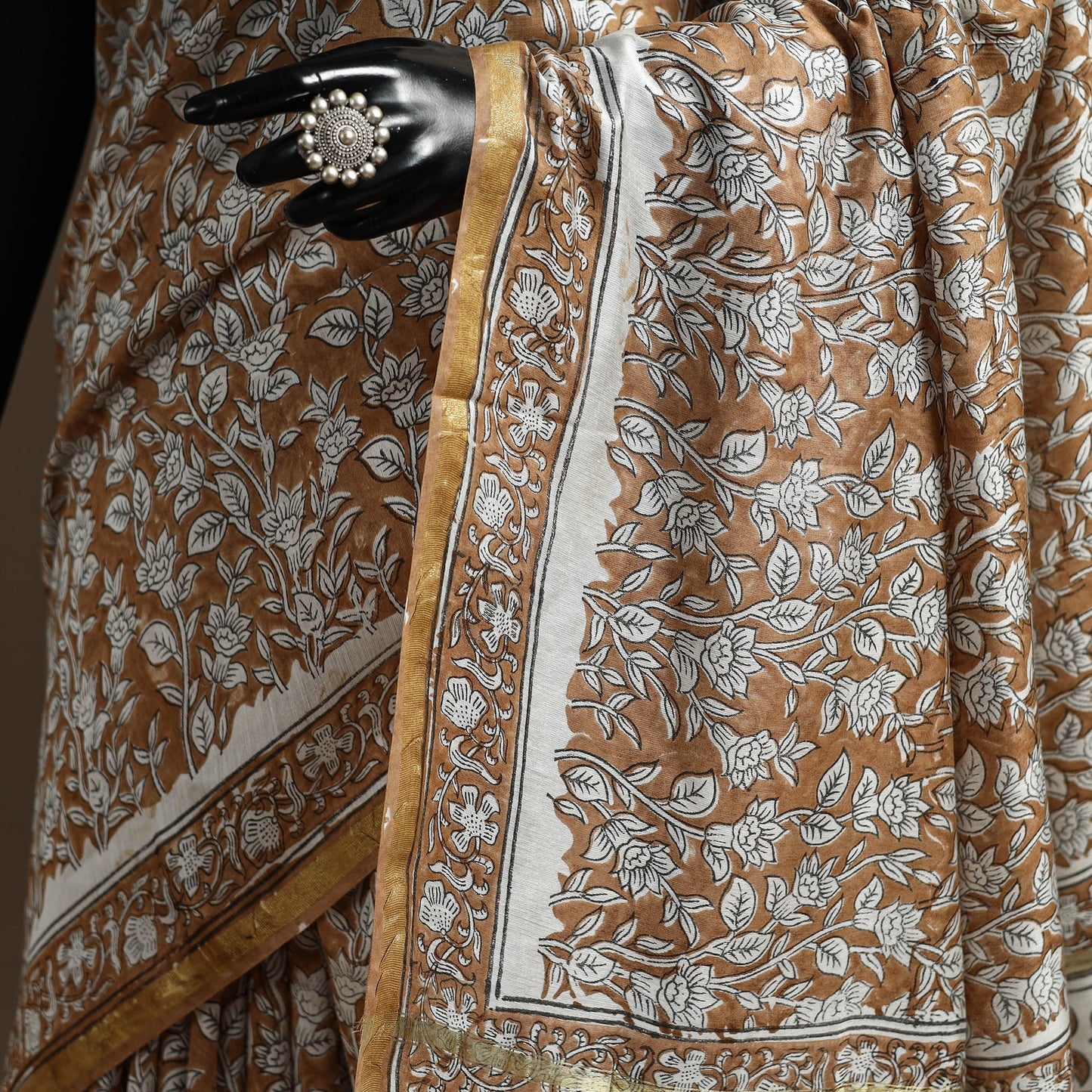 Brown - printed chanderi silk sanganeri saree - handcrafted