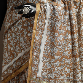 Brown - printed chanderi silk sanganeri saree - handcrafted