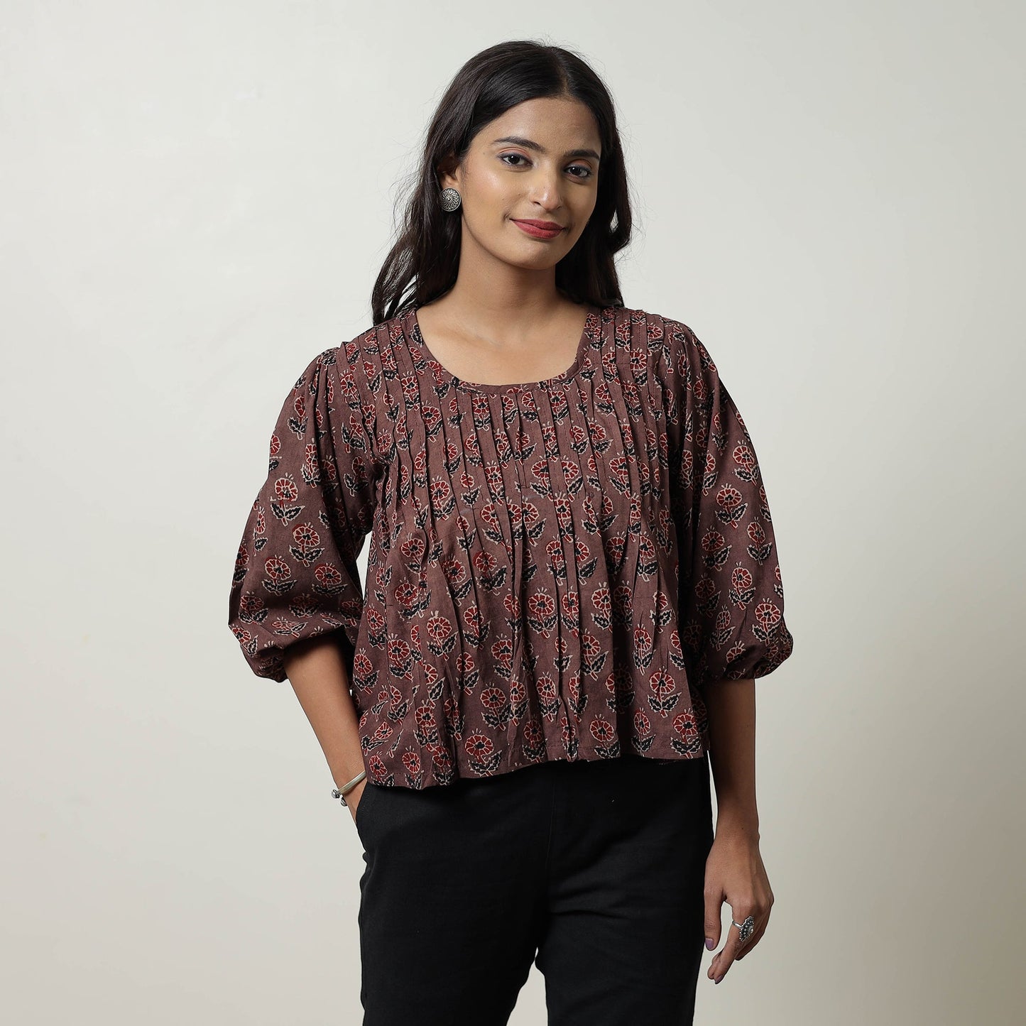 Brown - Ajrakh Block Printed Cotton Crop Top 09