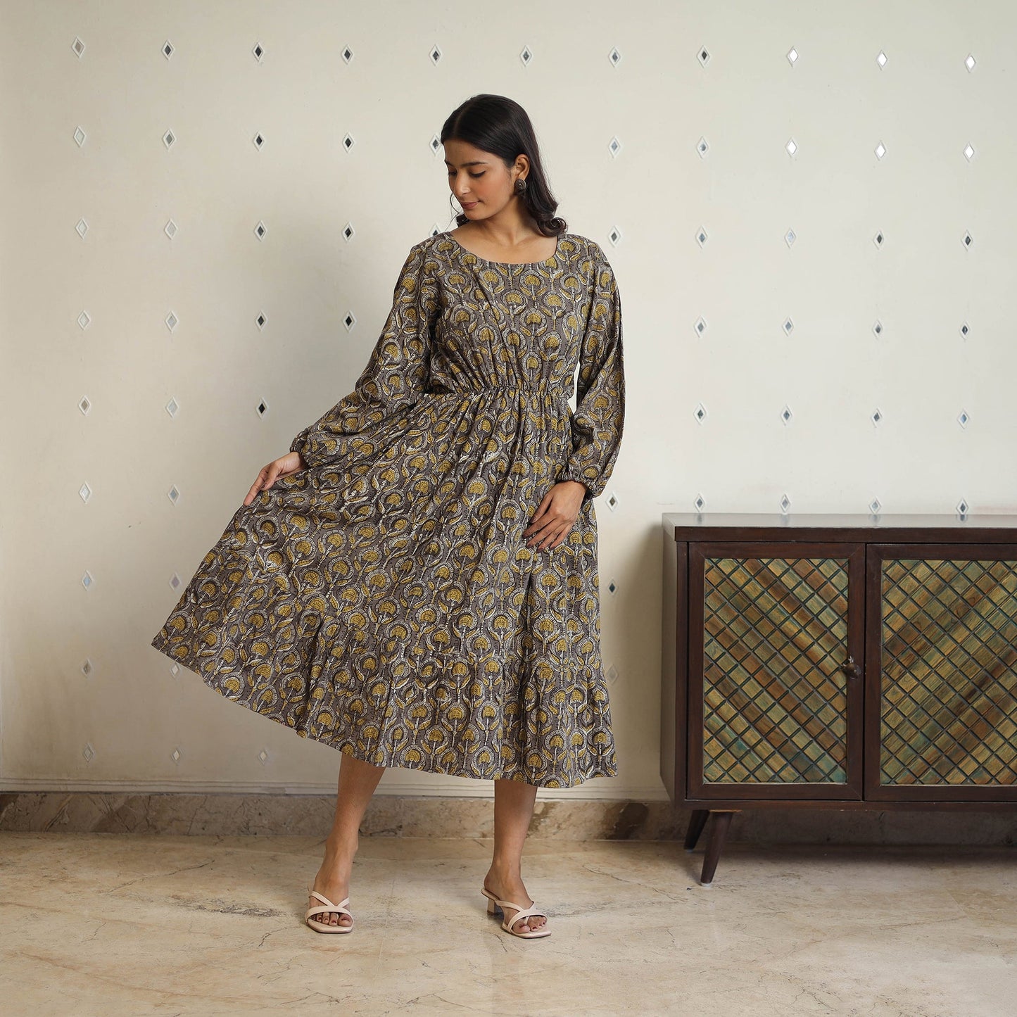  Brown Block Printed Cotton Fit & Flare Jahota Dress