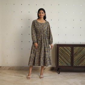  Brown Block Printed Cotton Fit & Flare Jahota Dress