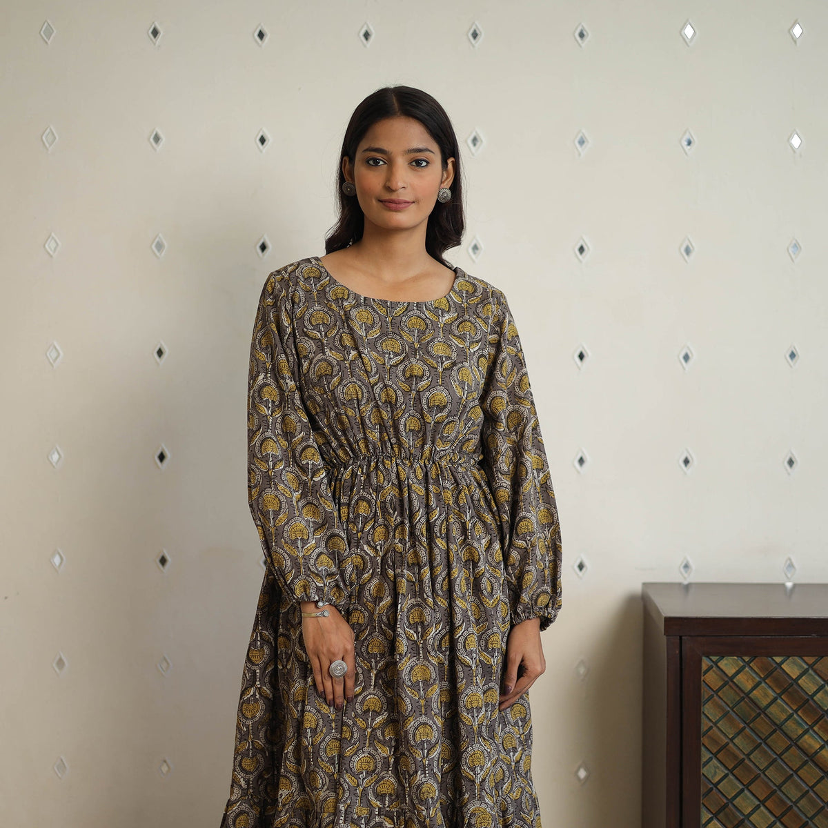  Brown Block Printed Cotton Fit & Flare Jahota Dress