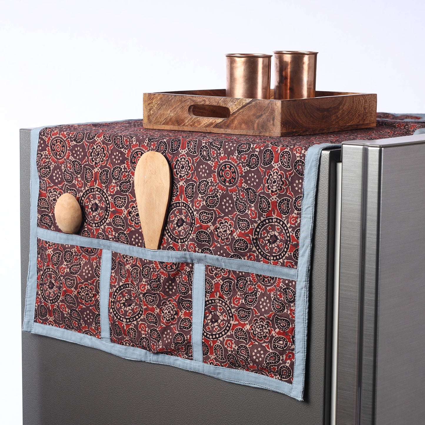 Brown Ajrakh Block Printed Cotton Fridge Top Cover with Multiple Pockets 