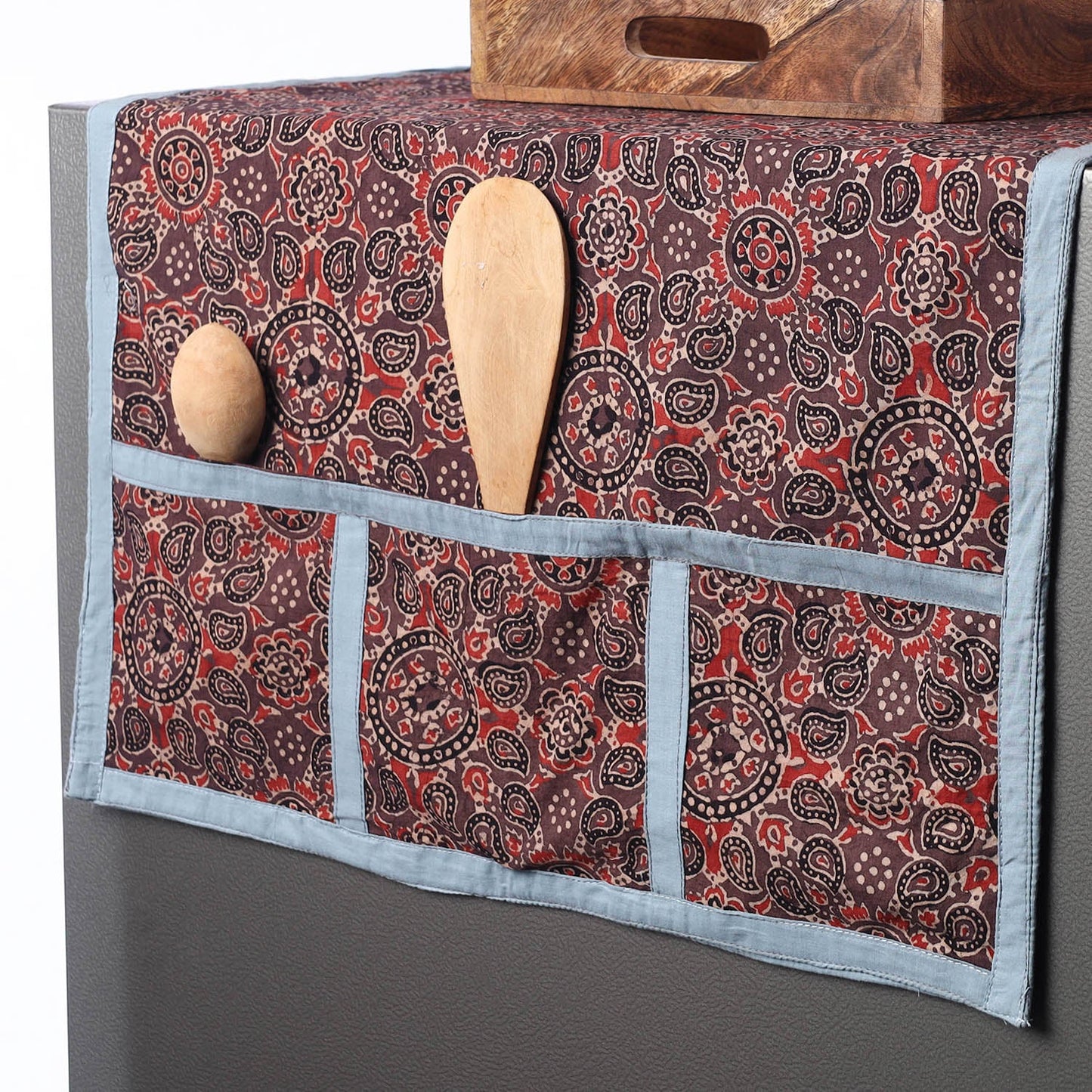Brown Ajrakh Block Printed Cotton Fridge Top Cover with Multiple Pockets 