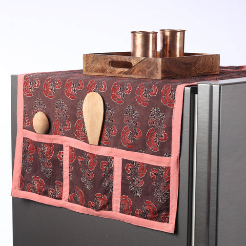 Brown Ajrakh Block Printed Cotton Fridge Top Cover with Multiple Pockets