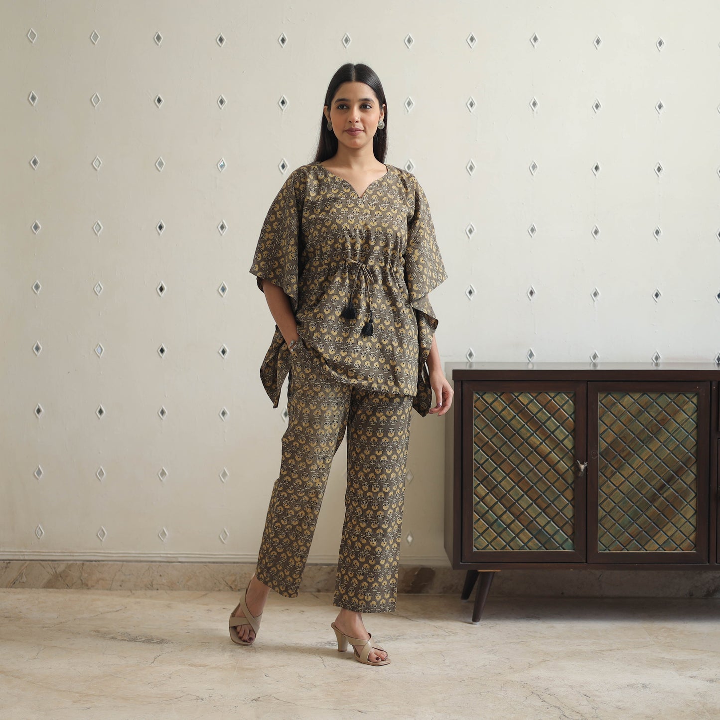 Brown - printed cotton kaftan co-ord set 14 - handcrafted