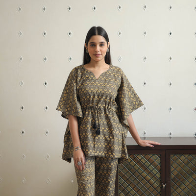 Brown - printed cotton kaftan co-ord set 14 - handcrafted