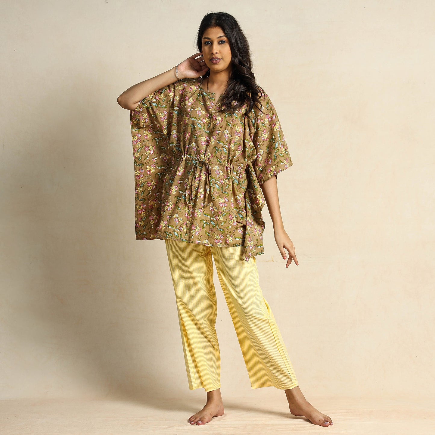  Brown Block Printed Cotton Kaftan Pyjama Night Suit Set