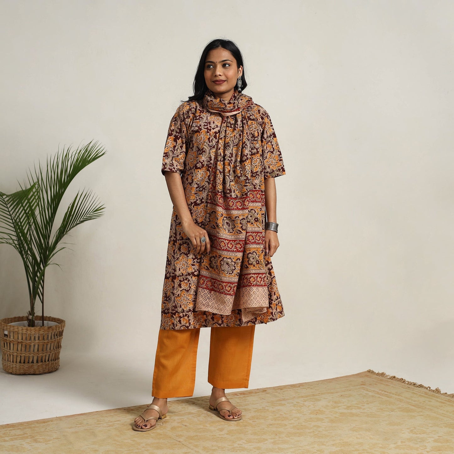 Buy Brown Block Printed Cotton Kalamkari Kurta Set