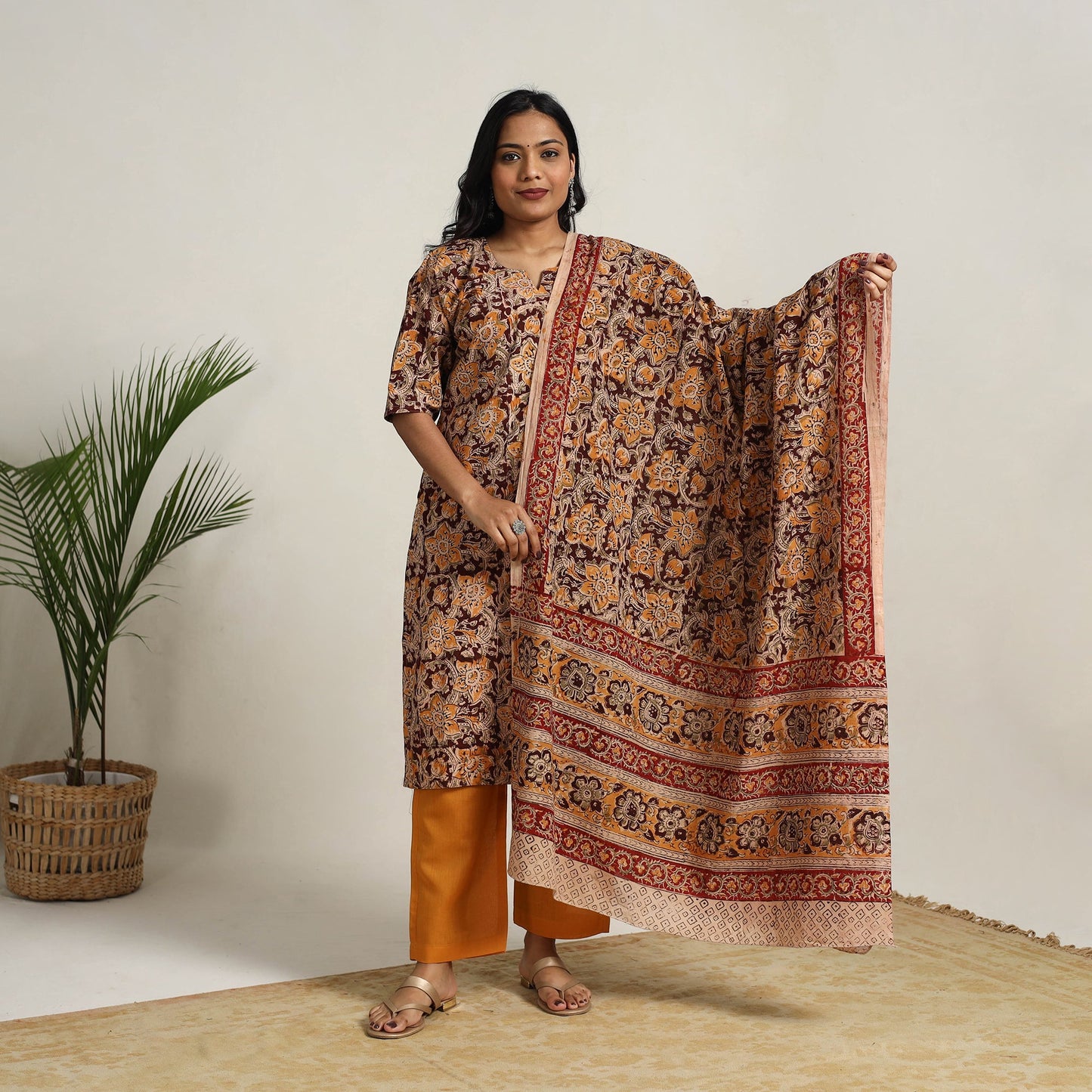 Buy Brown Block Printed Cotton Kalamkari Kurta Set