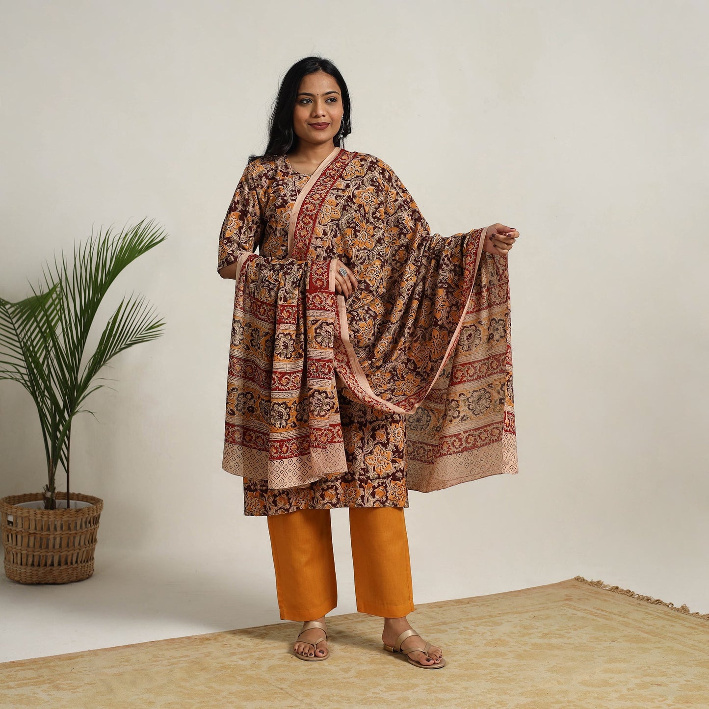 Buy Brown Block Printed Cotton Kalamkari Kurta Set