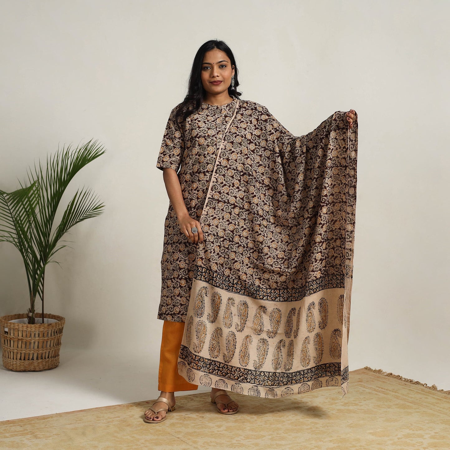 Brown - printed cotton kalamkari kurta set 10 - handcrafted