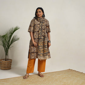Brown - printed cotton kalamkari kurta set 13 - handcrafted