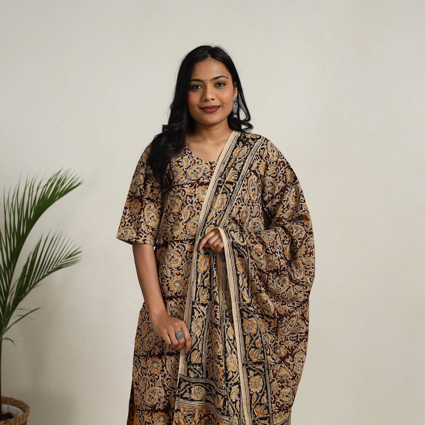 Brown - printed cotton kalamkari kurta set 13 - handcrafted