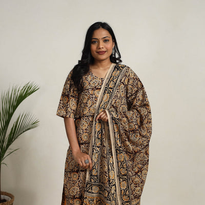 Brown - printed cotton kalamkari kurta set 13 - handcrafted