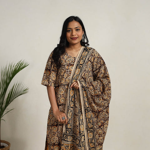 Brown - printed cotton kalamkari kurta set 13 - handcrafted