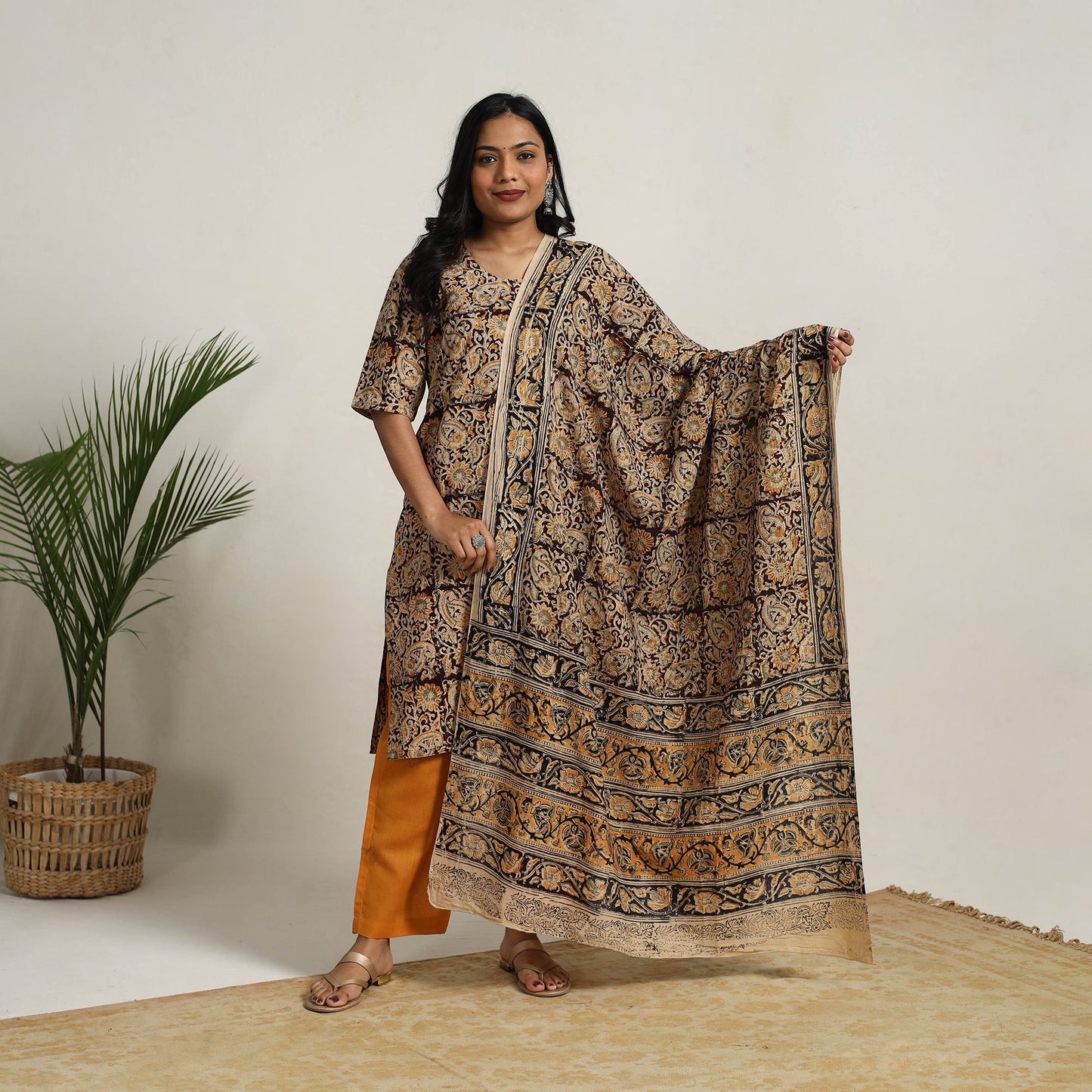 Brown - printed cotton kalamkari kurta set 13 - handcrafted