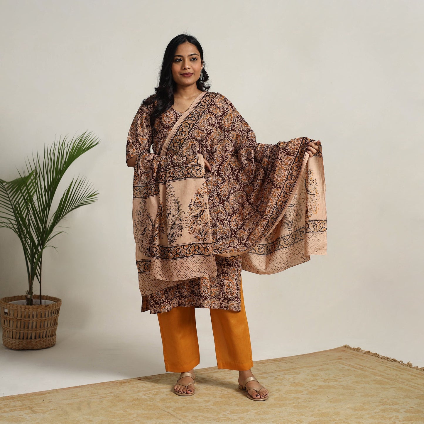 Brown - printed cotton kalamkari kurta set 14 - handcrafted