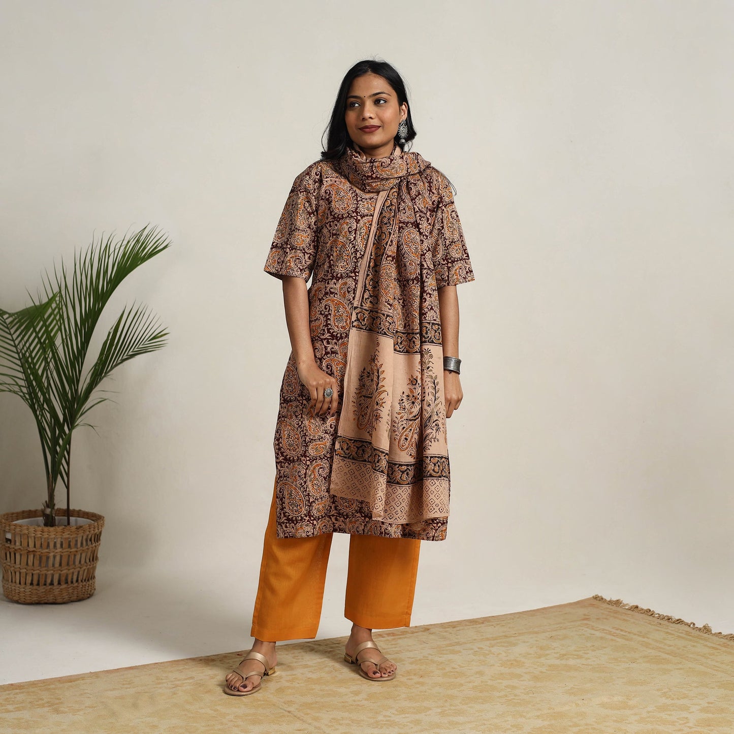 Brown - printed cotton kalamkari kurta set 14 - handcrafted