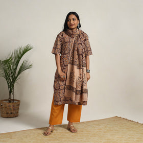 Brown - printed cotton kalamkari kurta set 14 - handcrafted