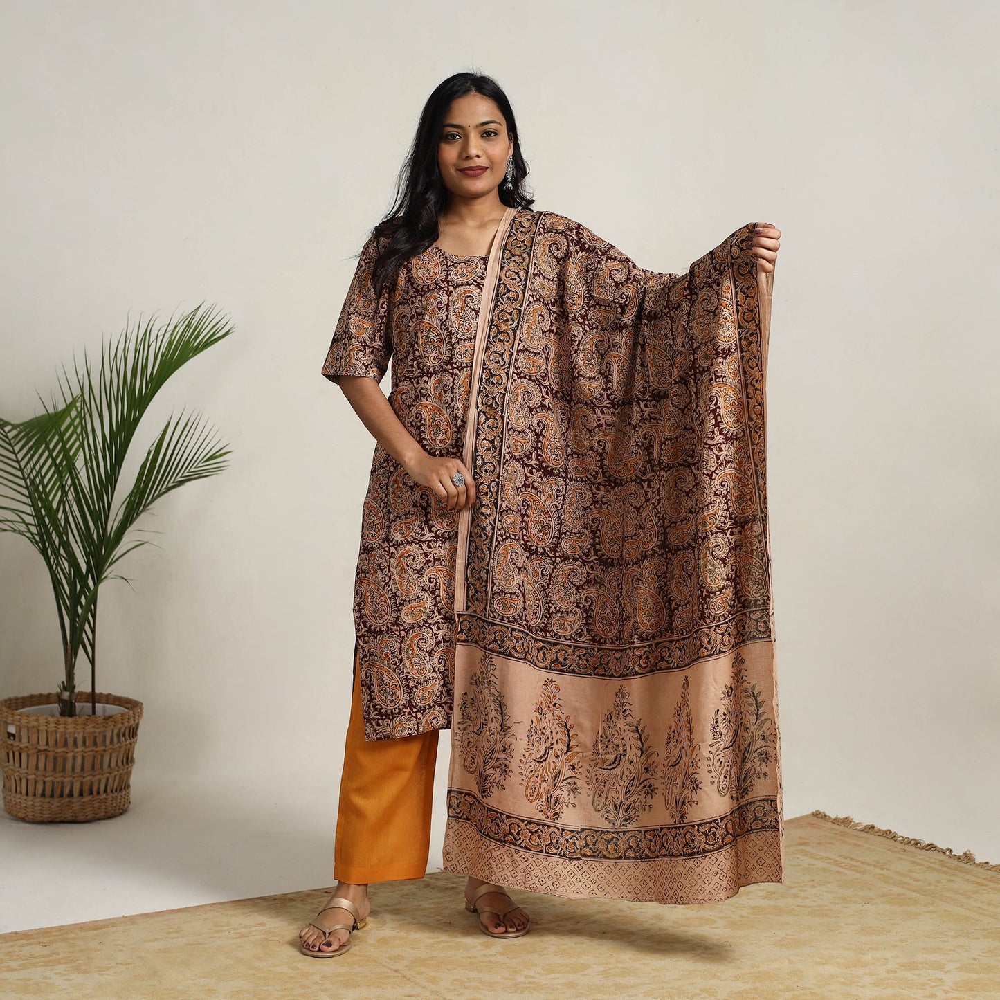 Brown - printed cotton kalamkari kurta set 14 - handcrafted