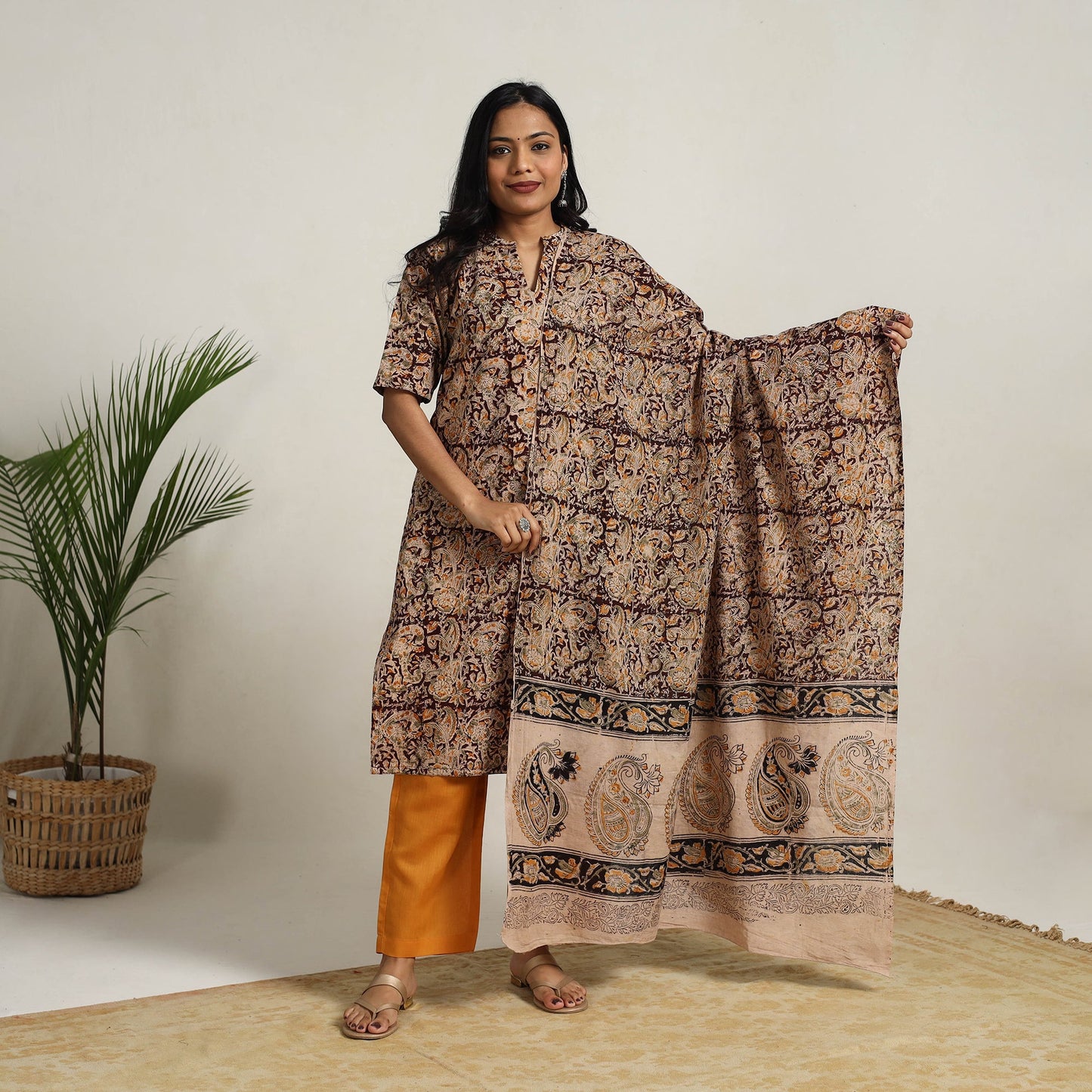 Buy Brown Block Printed Cotton Kalamkari Kurta Set