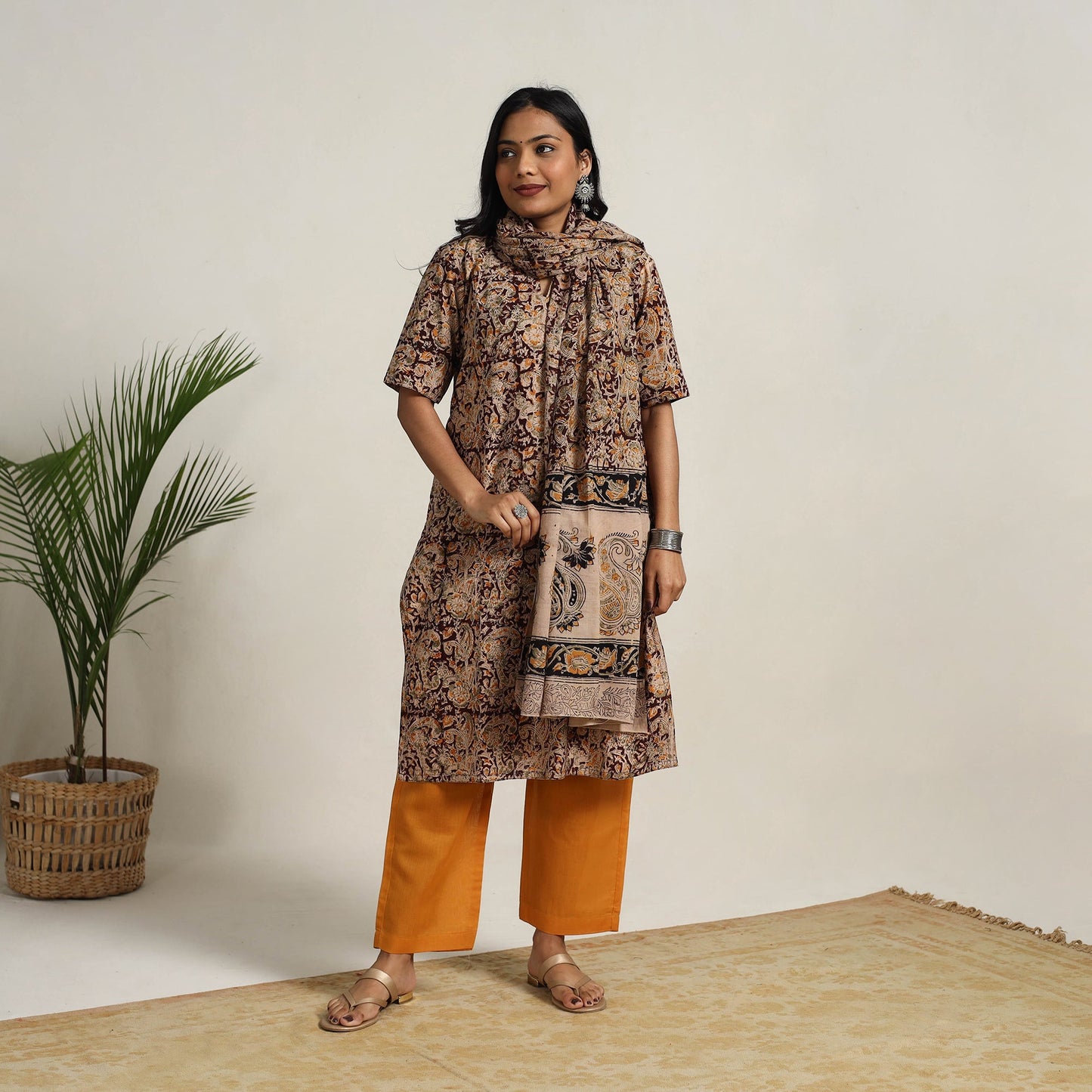 Buy Brown Block Printed Cotton Kalamkari Kurta Set