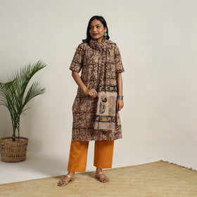Buy Brown Block Printed Cotton Kalamkari Kurta Set