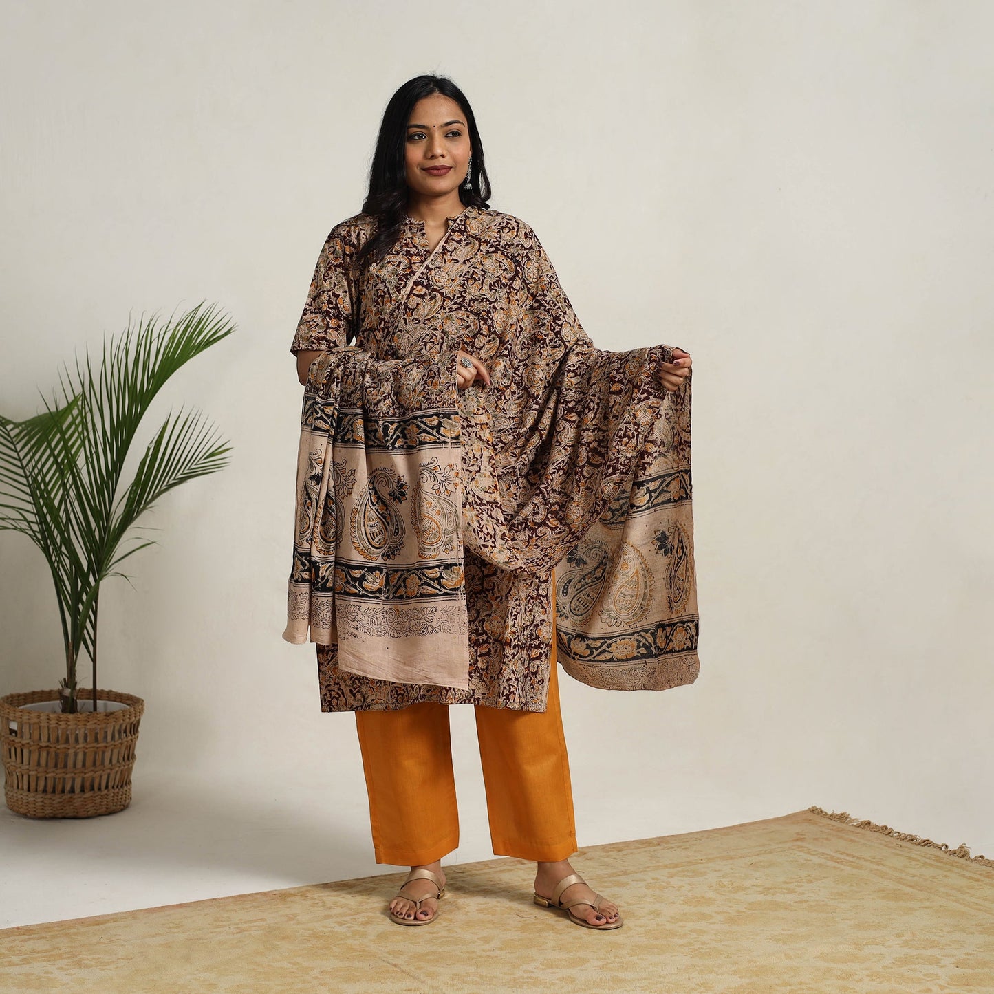 Buy Brown Block Printed Cotton Kalamkari Kurta Set
