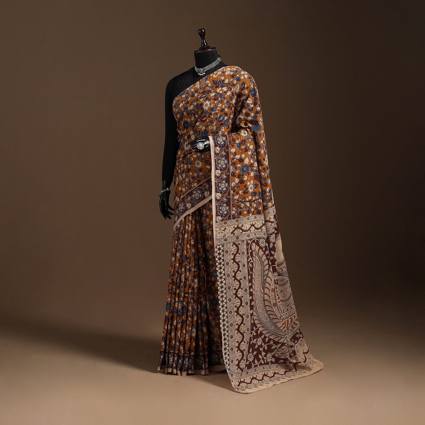 Brown - printed cotton kalamkari saree 08 - handcrafted