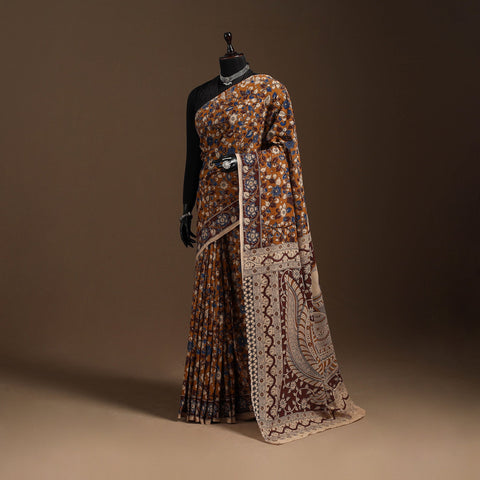 Brown - printed cotton kalamkari saree 08 - handcrafted