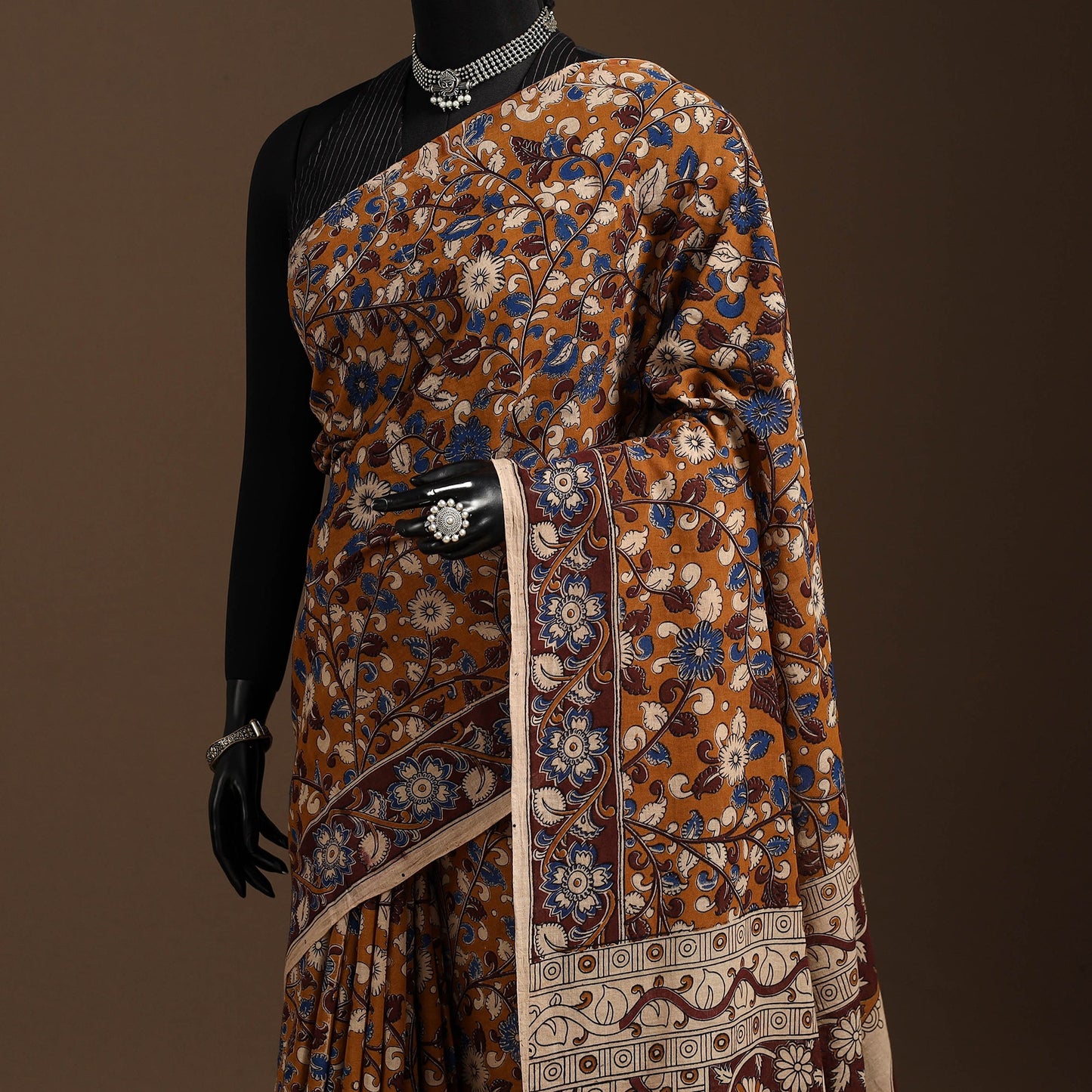 Brown - printed cotton kalamkari saree 08 - handcrafted