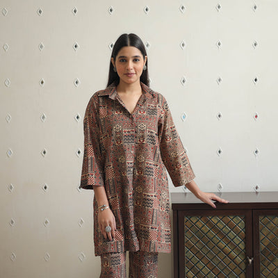  Brown Block Printed Cotton Ajrakh Co-ord Set