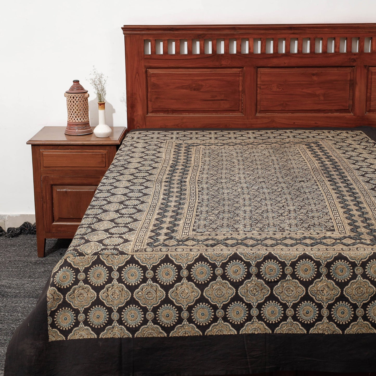 Brown Ajrakh Block Printed Cotton Single Bed Cover