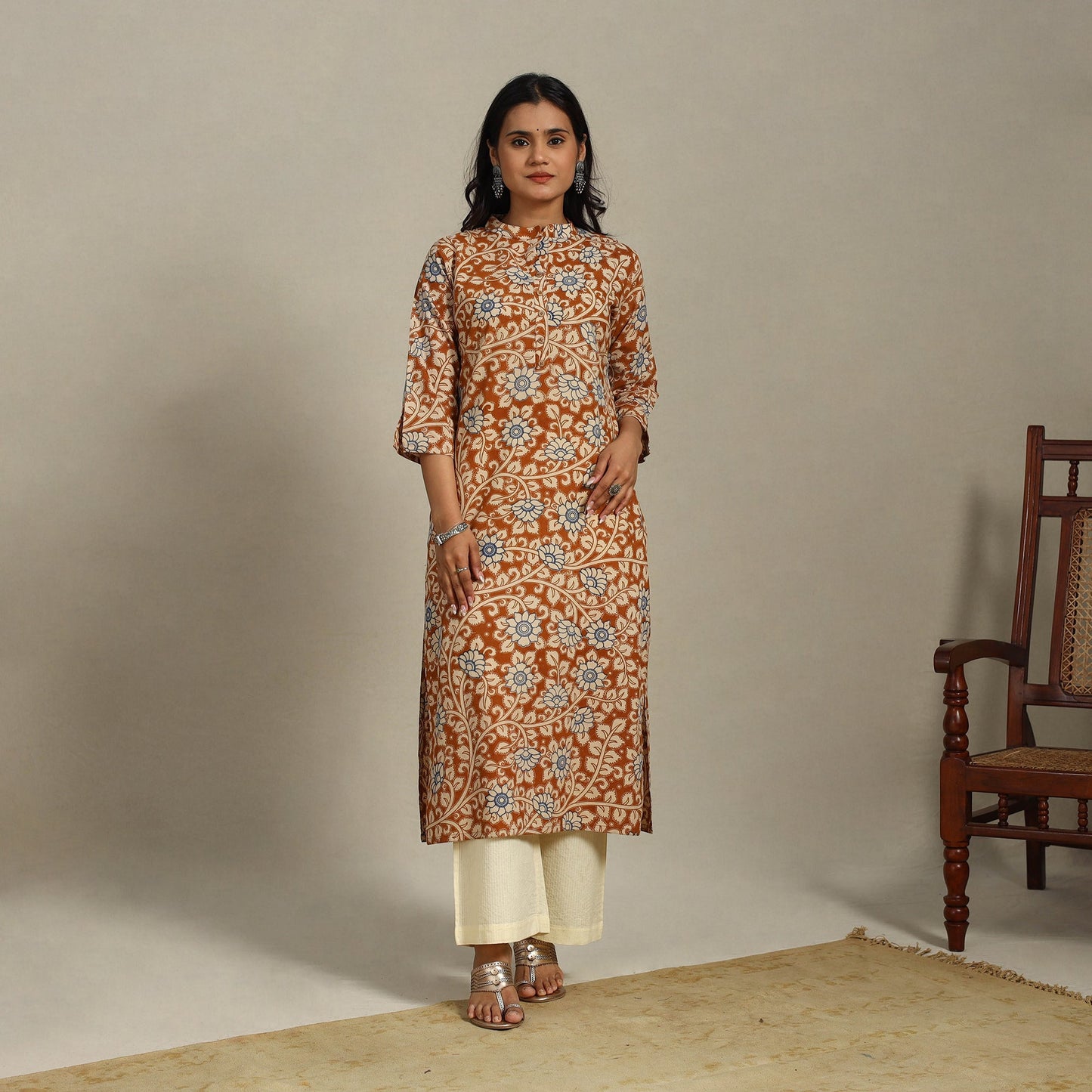 Brown Printed Cotton Straight Kalamkari Kurta