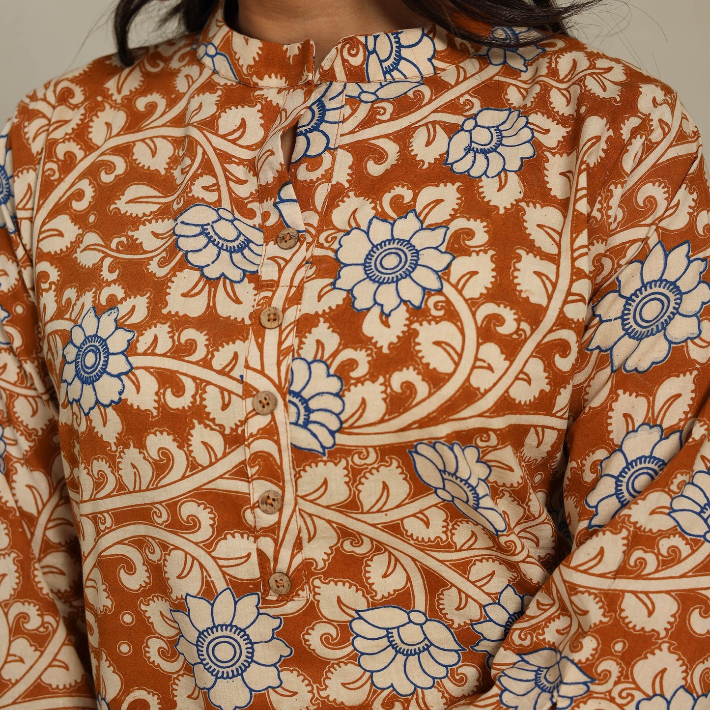 Brown Printed Cotton Straight Kalamkari Kurta