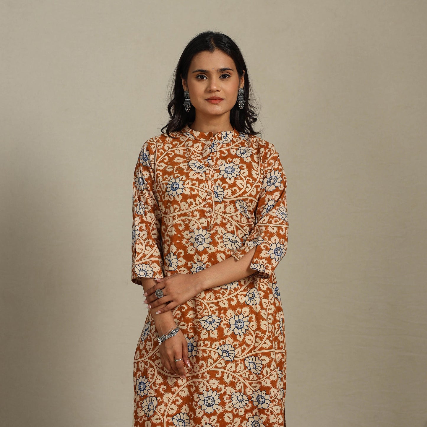 Brown Printed Cotton Straight Kalamkari Kurta