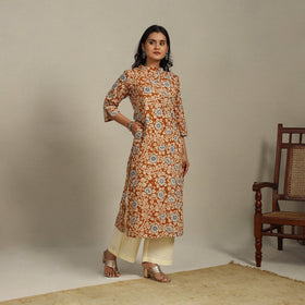 Brown Printed Cotton Straight Kalamkari Kurta