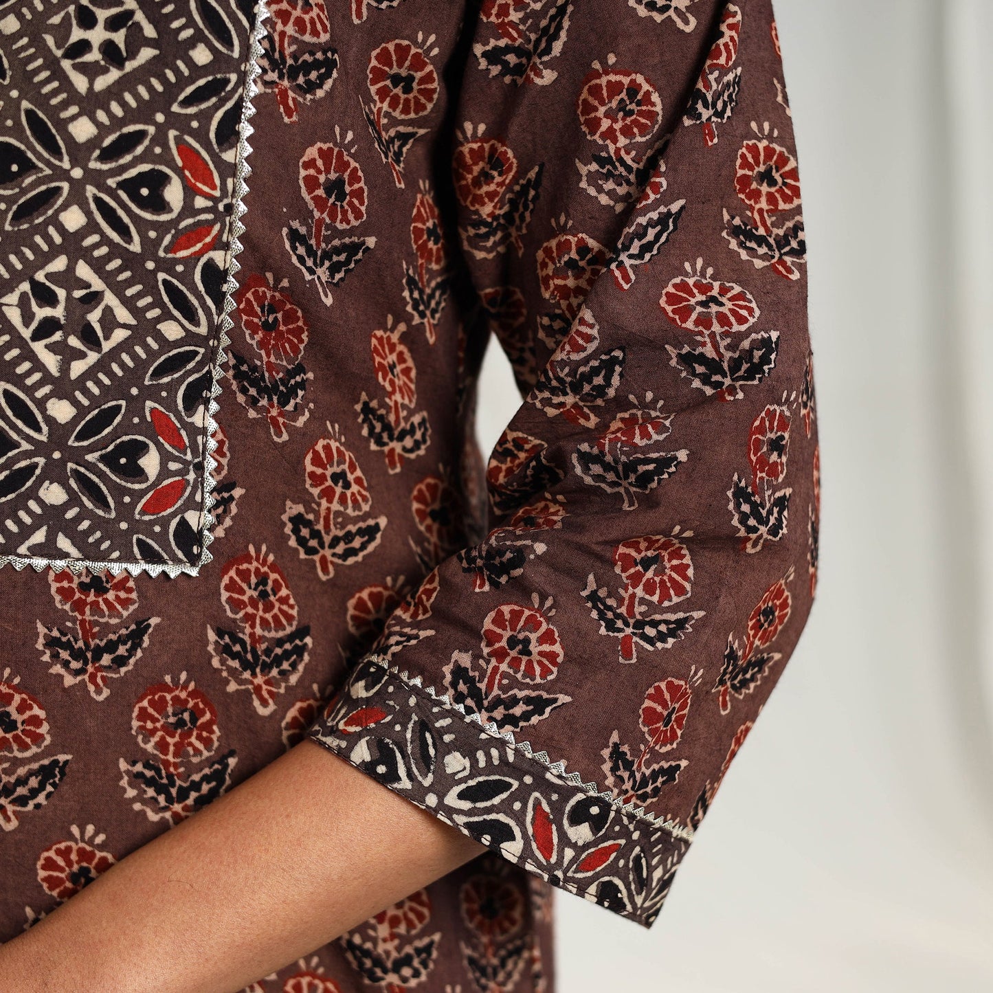 Brown Block Printed Cotton Straight Ajrakh Kurta for Women