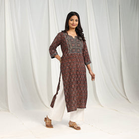 Brown Block Printed Cotton Straight Ajrakh Kurta for Women
