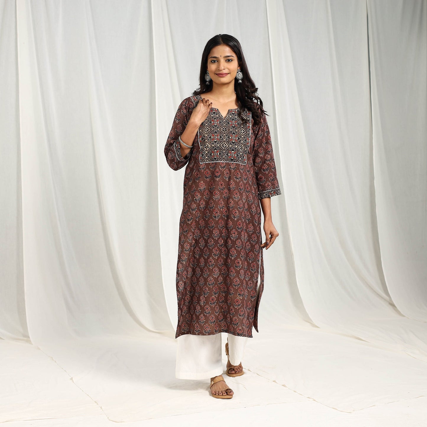 Brown Block Printed Cotton Straight Ajrakh Kurta for Women