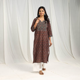 Brown Block Printed Cotton Straight Ajrakh Kurta for Women