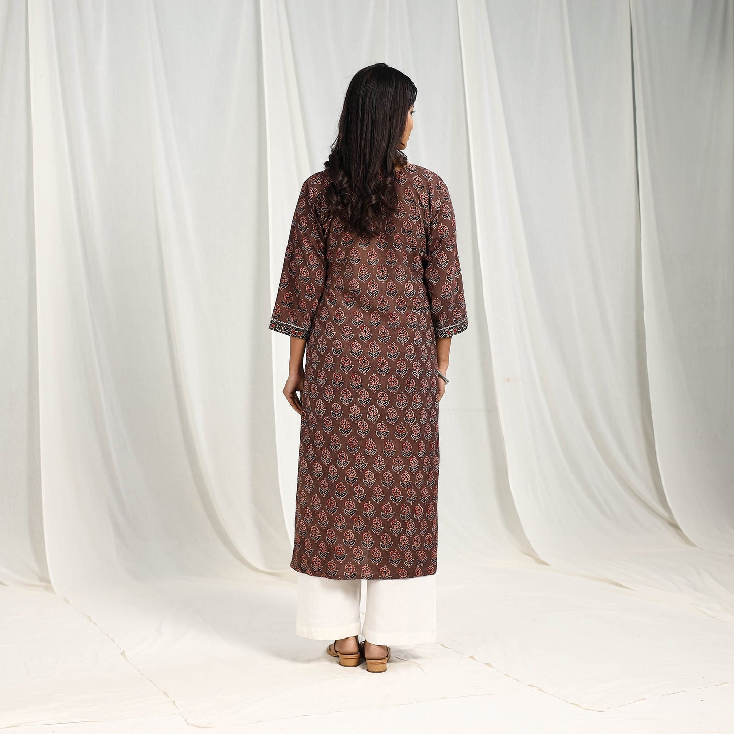 Brown Block Printed Cotton Straight Ajrakh Kurta for Women