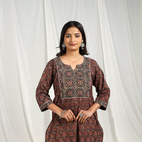Brown Block Printed Cotton Straight Ajrakh Kurta for Women